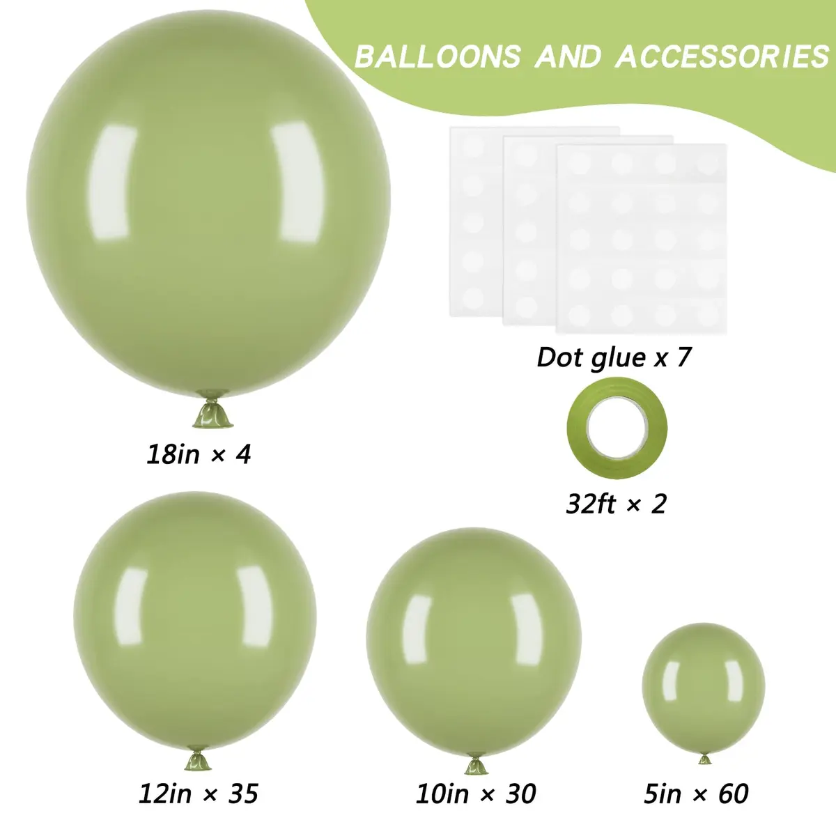rubfac Sage Green Balloons 129pcs Different Sizes Latex Balloon Arch Kit | Assorted Colors Party Balloon Garland for Birthdays & Events - view 2