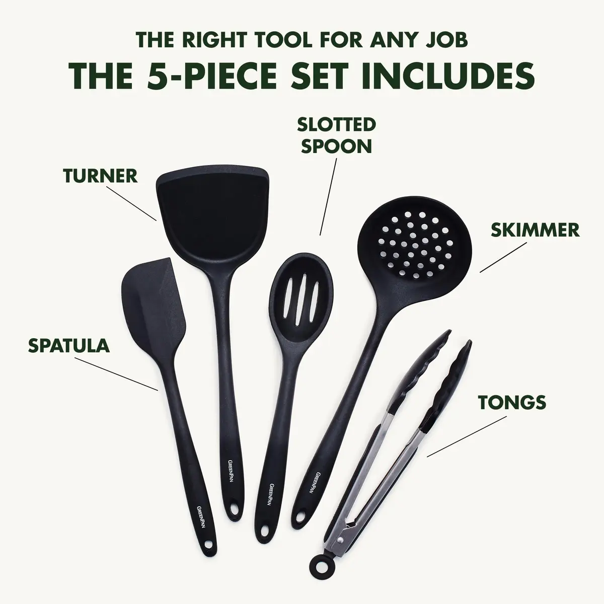 GreenPan 5 Piece Cooking Utensil Set, Silicone Nonstick, Scratch-Free, Black | Versatile Kitchen Tools - view 2