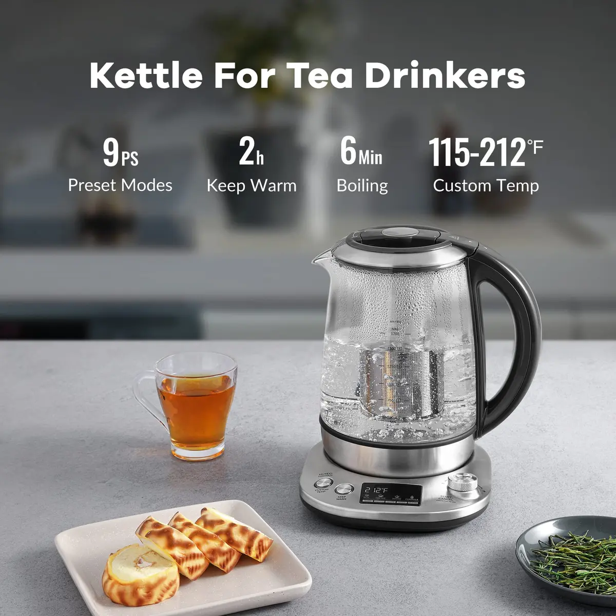 Mecity Electric Tea Kettle with Removable Infuser 1.7L | 9 Preset Brewing Programs & Temp Control - view 2