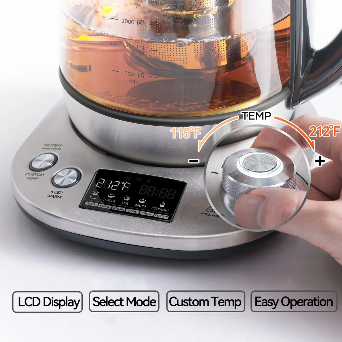 Mecity Electric Tea Kettle with Removable Infuser 1.7L | 9 Preset Brewing Programs & Temp Control - view 3