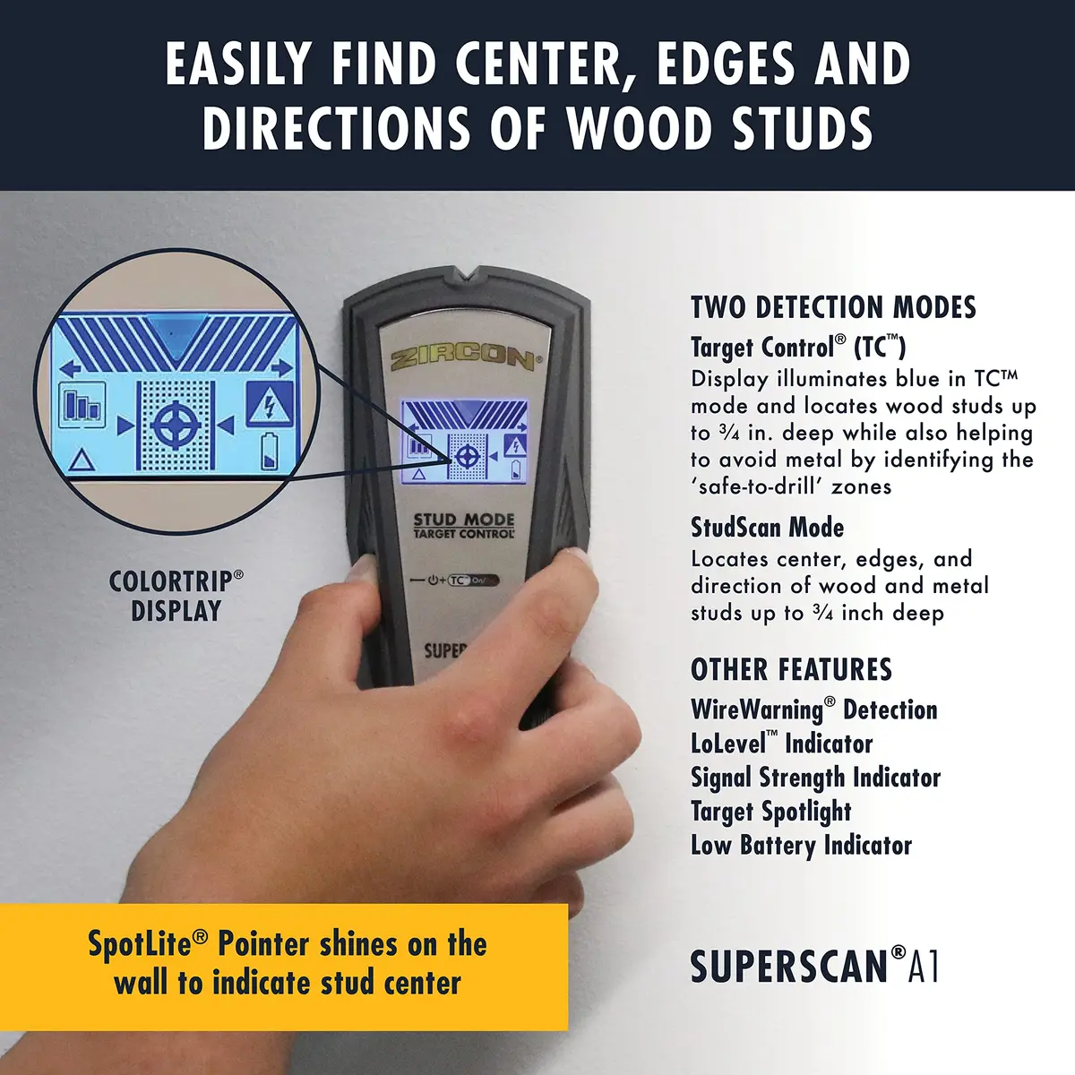 Zircon SuperScan A1 Advanced Stud Finder with Target Control and StudScan Mode | Detects Wood & Metal Studs up to 19mm - view 3