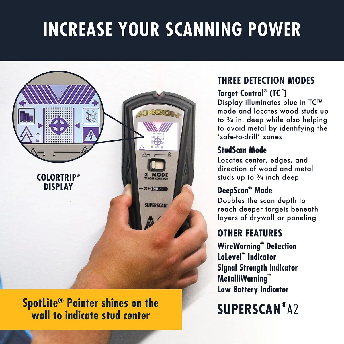 Zircon SuperScan A1 Advanced Stud Finder with Target Control and StudScan Mode | Detects Wood & Metal Studs up to 19mm - view 3