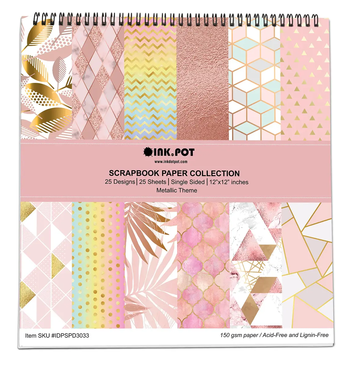 Inkdotpot 25 Sheets Metallic Pastels Theme Texture Scrapbook Paper 12x12 | Colorful DIY Craft Supplies - main product image