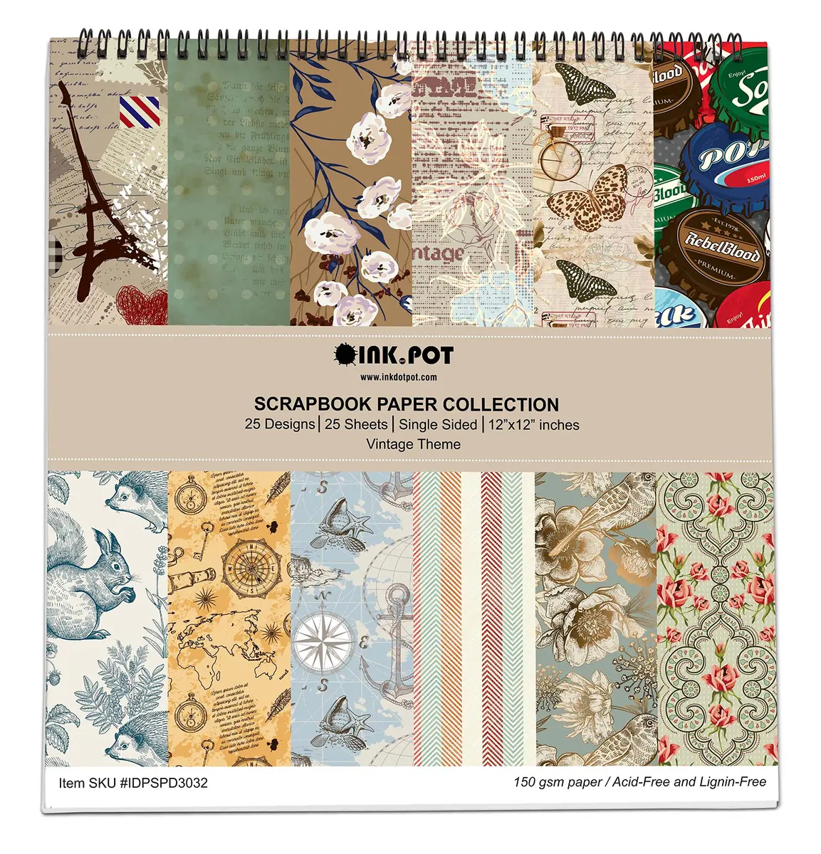 Inkdotpot Vintage Retro Theme Scrapbook Paper Pad 12x12 Inch (25 Sheets, 150 GSM) | Single-Sided Decorative Cardstock for Crafts - main product image