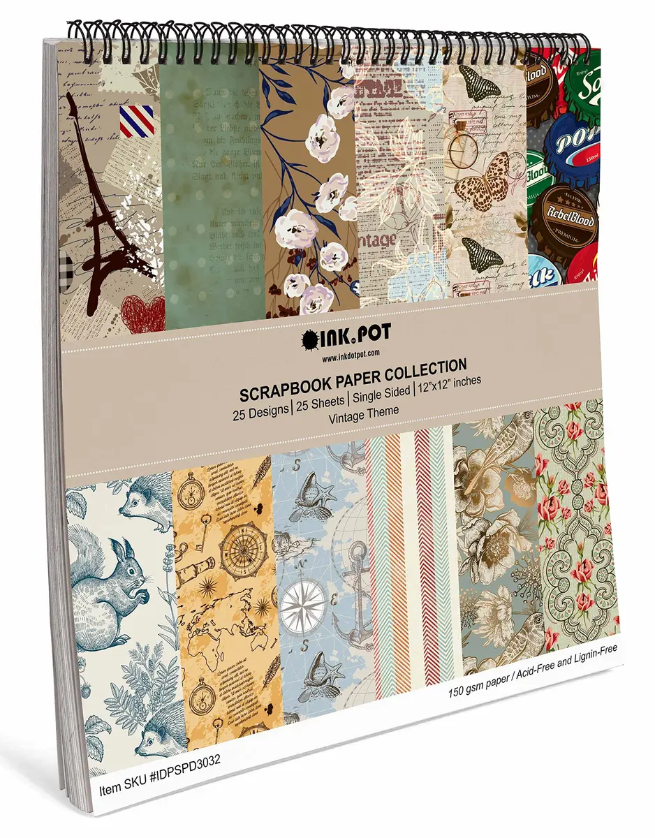 Inkdotpot Vintage Retro Theme Scrapbook Paper Pad 12x12 Inch (25 Sheets, 150 GSM) | Single-Sided Decorative Cardstock for Crafts - view 6