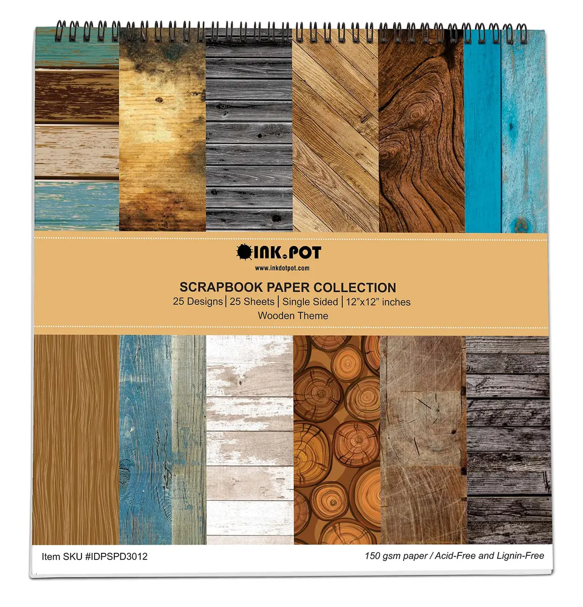 Inkdotpot 25 Sheets Rustic Wood Texture Scrapbook Paper Pad 12x12 | Colorful DIY Craft Supplies - main product image