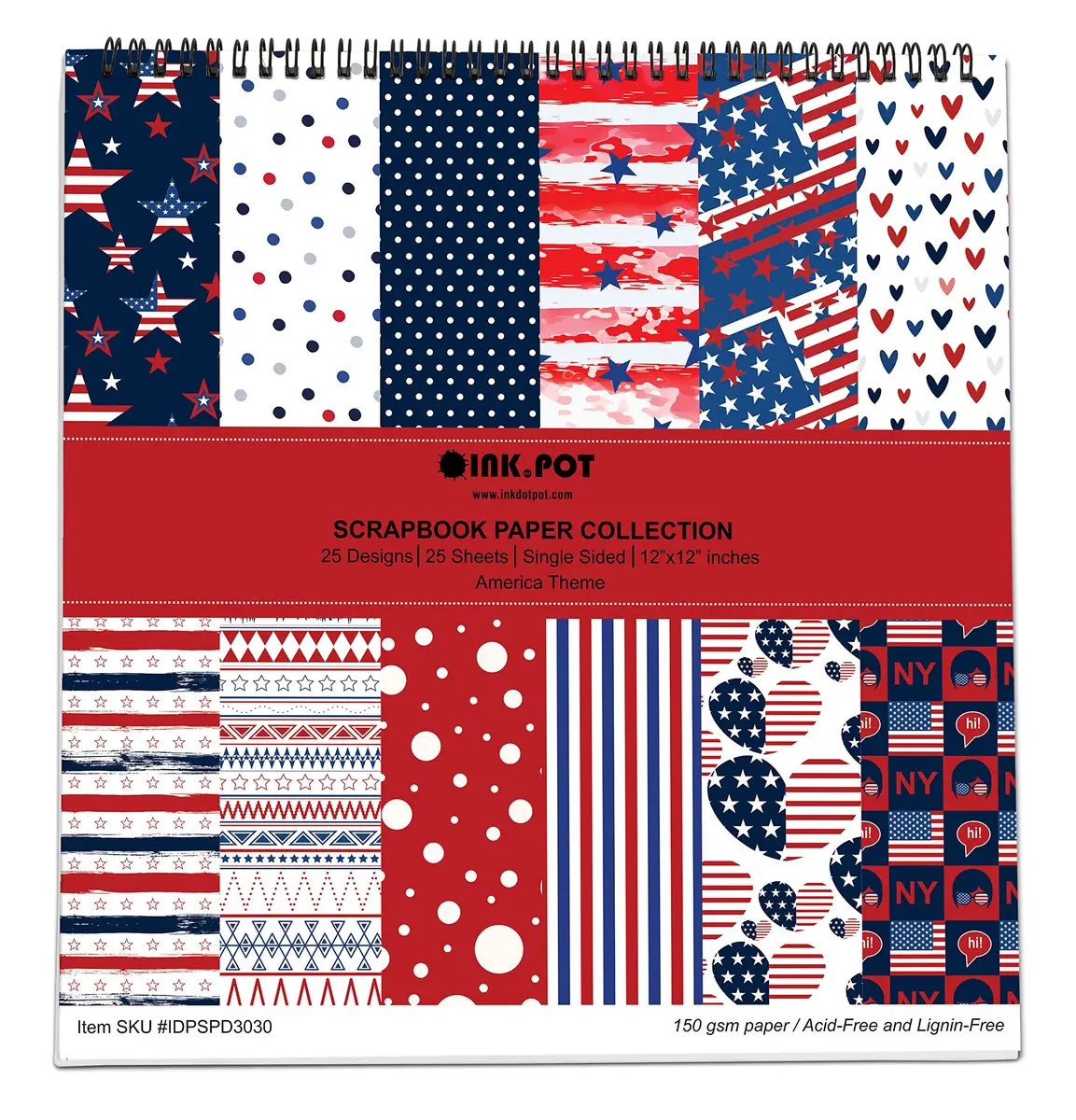 Inkdotpot America Theme Texture Scrapbook Paper Pad 12x12 Inch (25 Sheets, 150 GSM) | Acid-Free Cardstock for Crafts - main product image