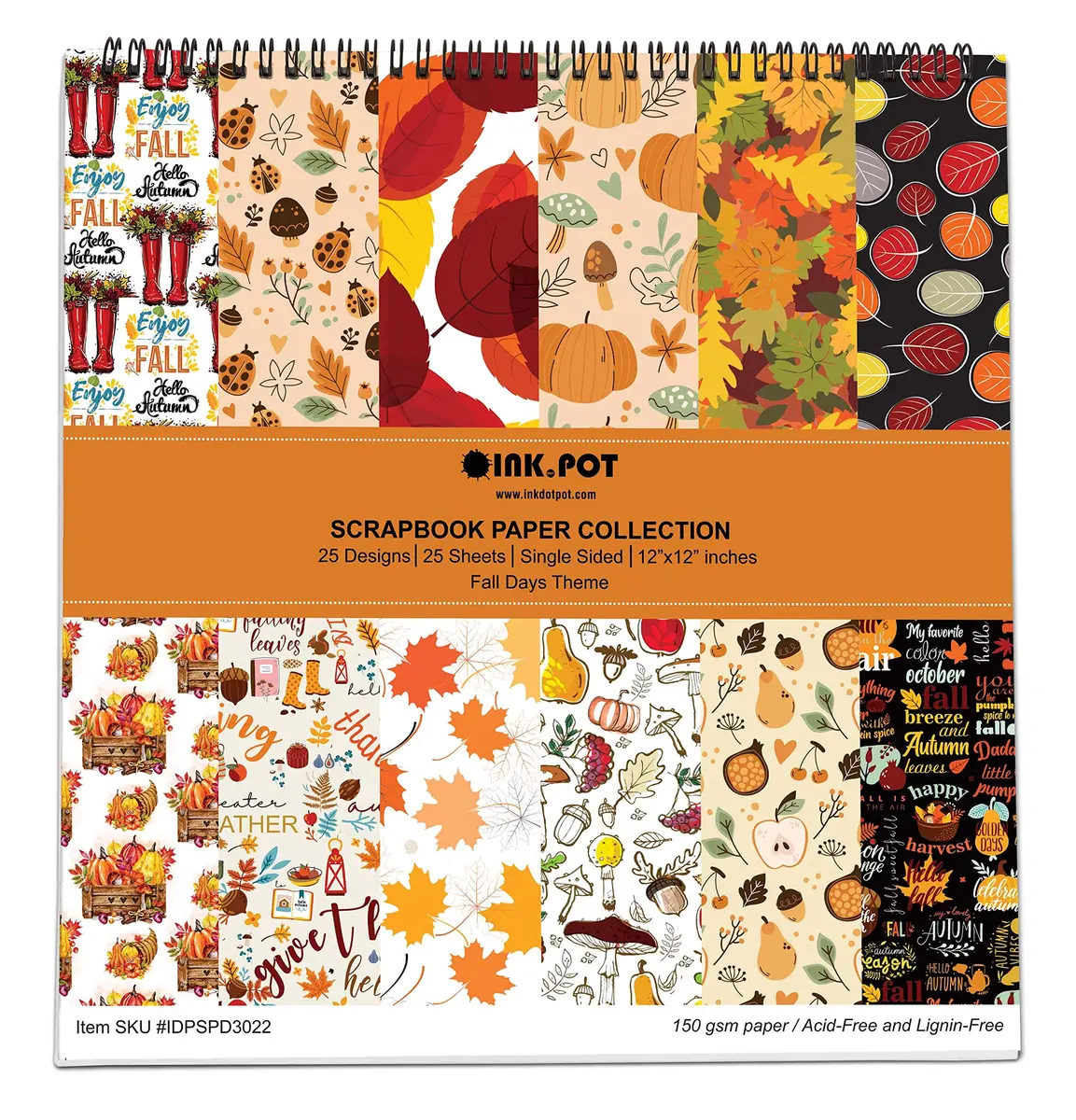 Inkdotpot 25 Sheets Autumn Fall Theme Texture Scrapbook Paper Pad 12x12 | Colorful Decorative Cardstock for DIY Crafts - main product image