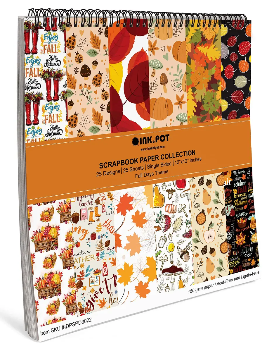 Inkdotpot 25 Sheets Autumn Fall Theme Texture Scrapbook Paper Pad 12x12 | Colorful Decorative Cardstock for DIY Crafts - view 6
