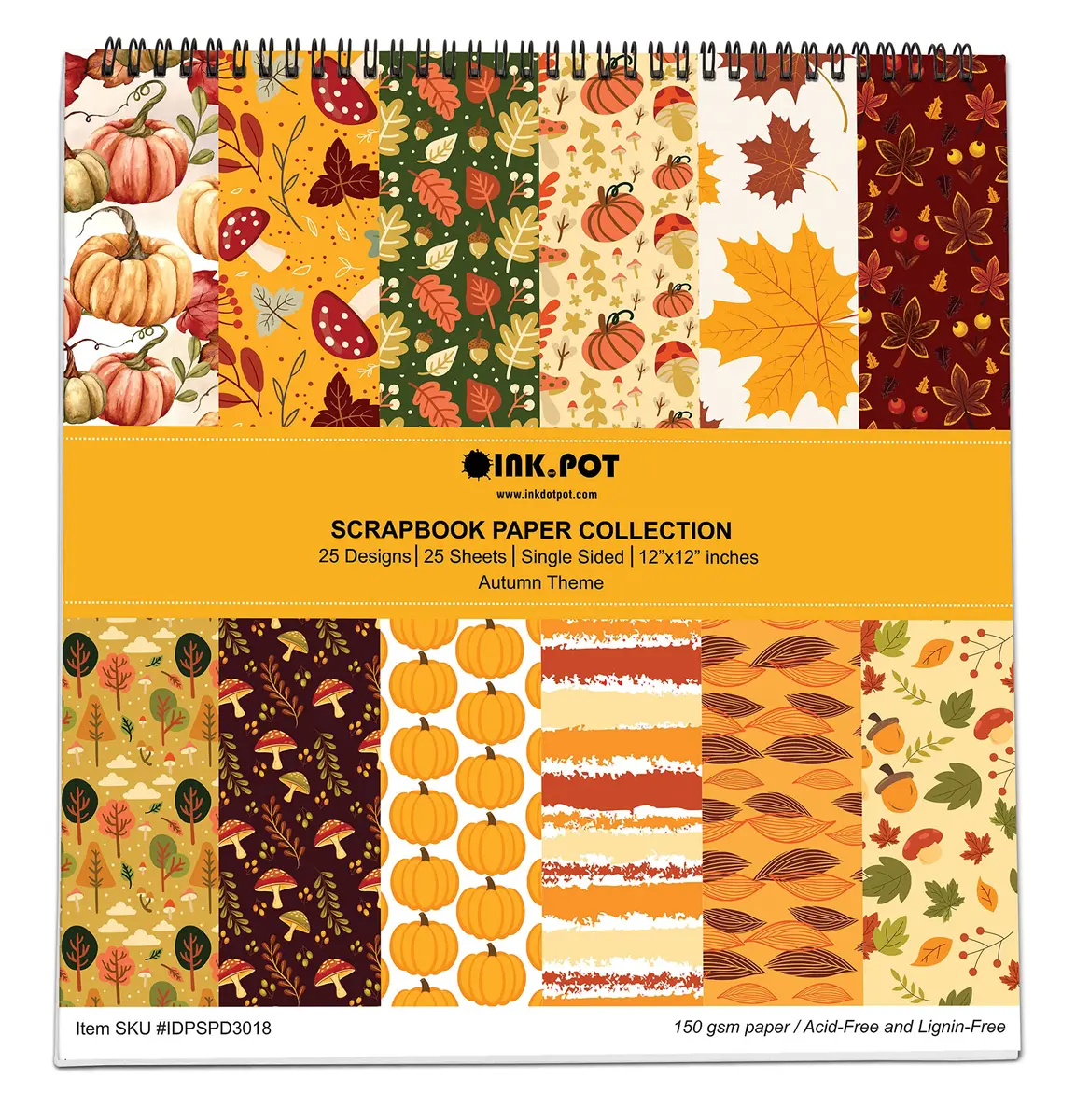 Inkdotpot 25 Sheets Autumn Fall Theme Texture Scrapbook Paper Pad 12x12 | Colorful Decorative Cardstock for DIY Crafts - main product image