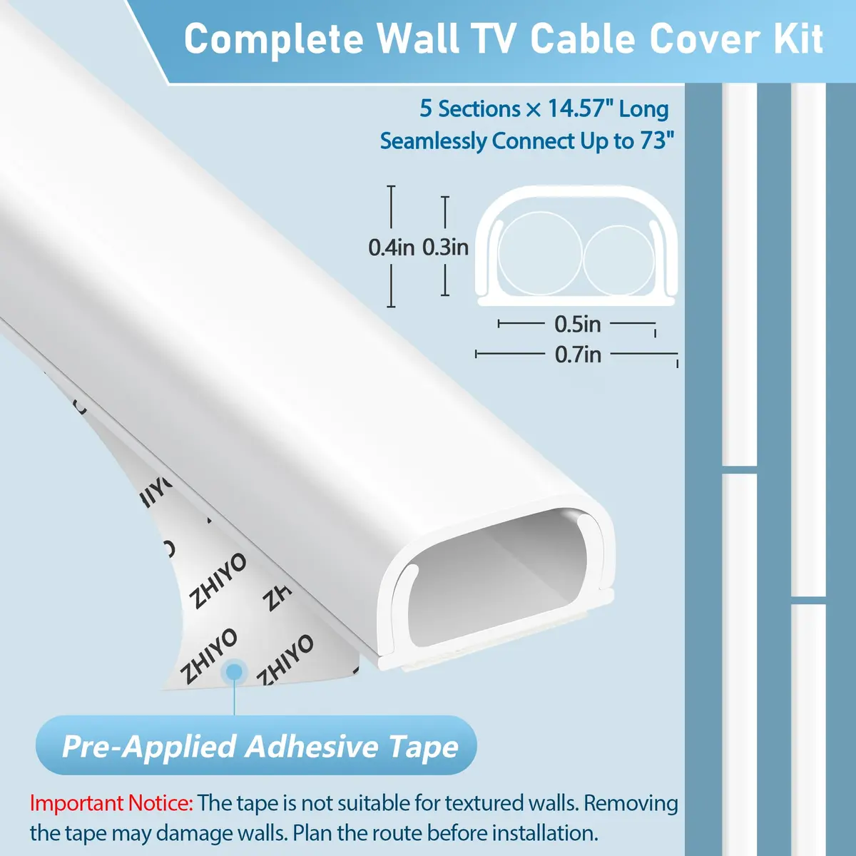 ZhiYo 73" Cord Covers for Wires on Wall, White Cord Hider, 0.7" W x 0.4" H | Wall Cable Management Solution - view 3