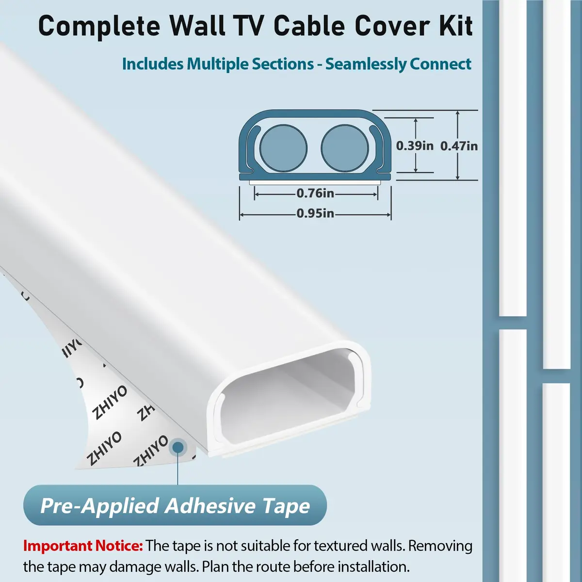ZhiYo 73" Cord Covers for Wires on Wall, White Cord Hider, 0.95" W x 0.47" | Paintable Cable Raceway for Wall Mounted TV - view 4