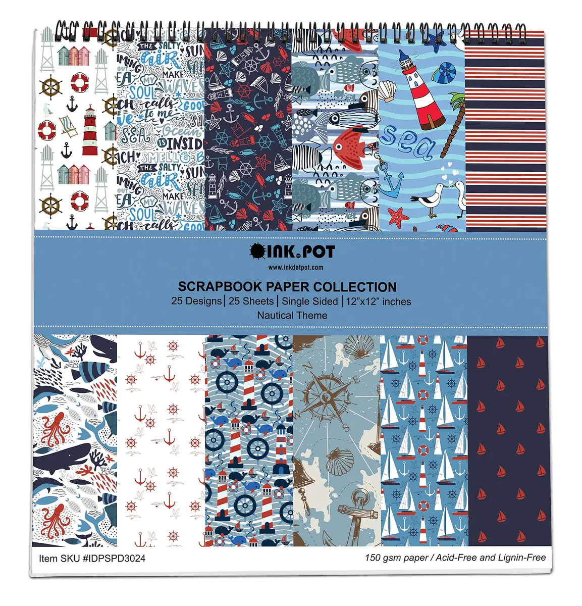 Inkdotpot Nautical Texture Scrapbook Paper Pad 12x12 Inch (30.48x30.48 cm) | 25 Sheets Acid-Free Decorative Cardstock for Crafts - main product image