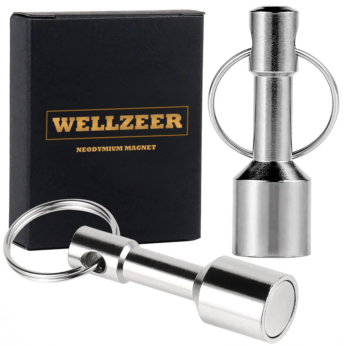 WELLZEER Neodymium Keychain Magnet 17mm x 47mm (2-Pack, Silver) | Strong Rare Earth Metal for Testing Brass, Gold, Silver & Hanging Keys - main product image