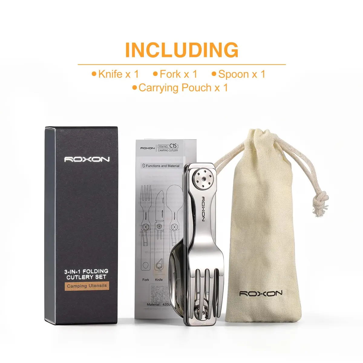 Roxon 3-in-1 Camping Utensils Set with Case (Knife, Spoon, Fork) Silver | Compact Food-Grade Stainless Steel - view 6
