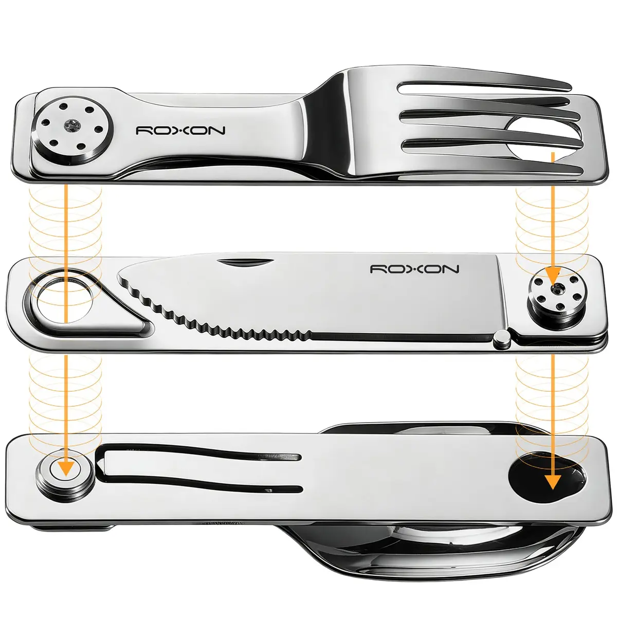Roxon 3-in-1 Camping Utensils Set with Case (Knife, Spoon, Fork) Silver | Compact Food-Grade Stainless Steel - main product image