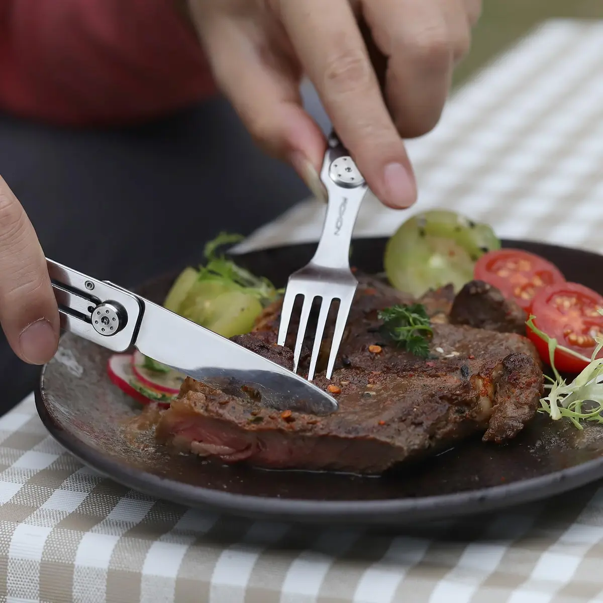 Roxon 3-in-1 Camping Utensils Set with Case (Knife, Spoon, Fork) Silver | Compact Food-Grade Stainless Steel - view 2
