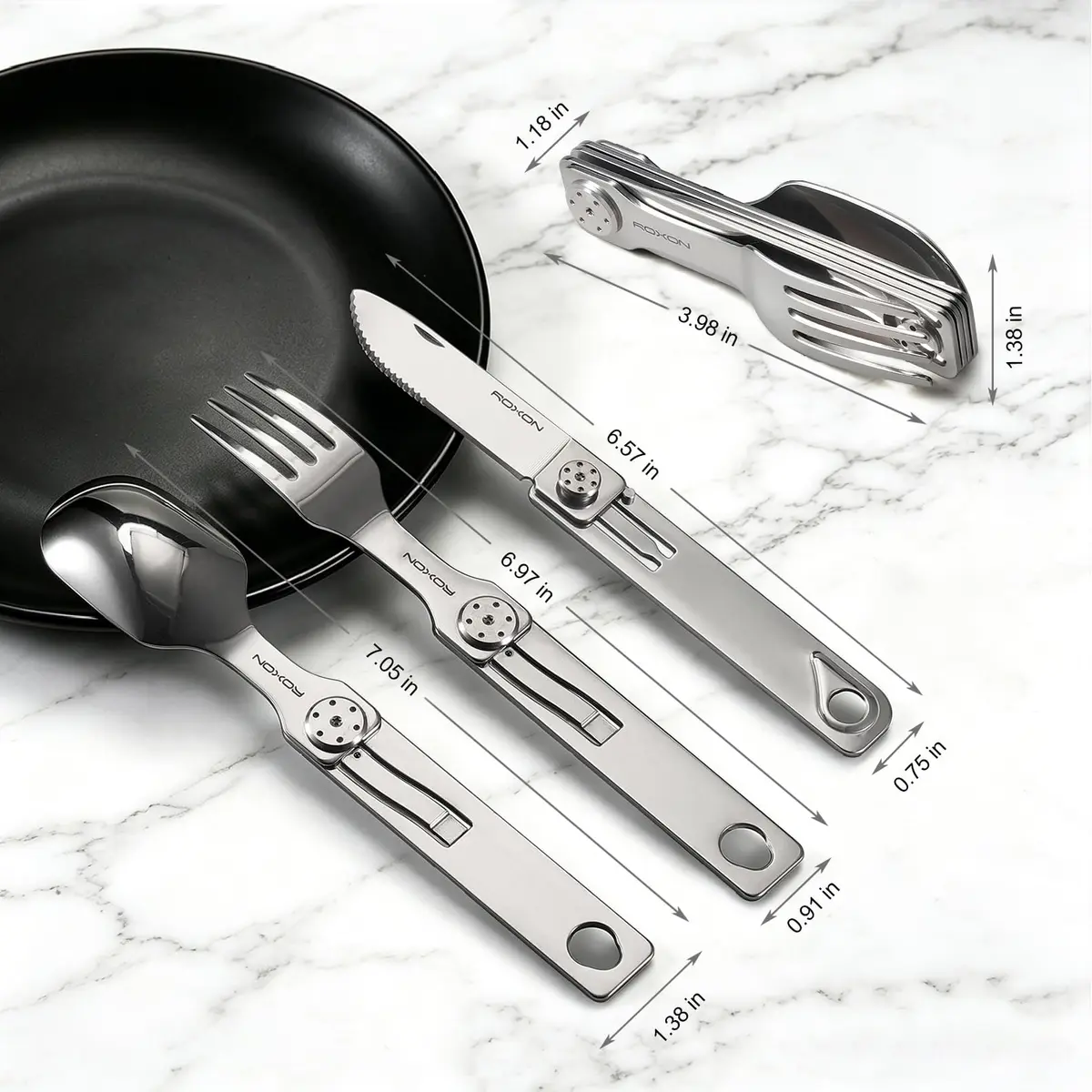 Roxon 3-in-1 Camping Utensils Set with Case (Knife, Spoon, Fork) Silver | Compact Food-Grade Stainless Steel - view 3
