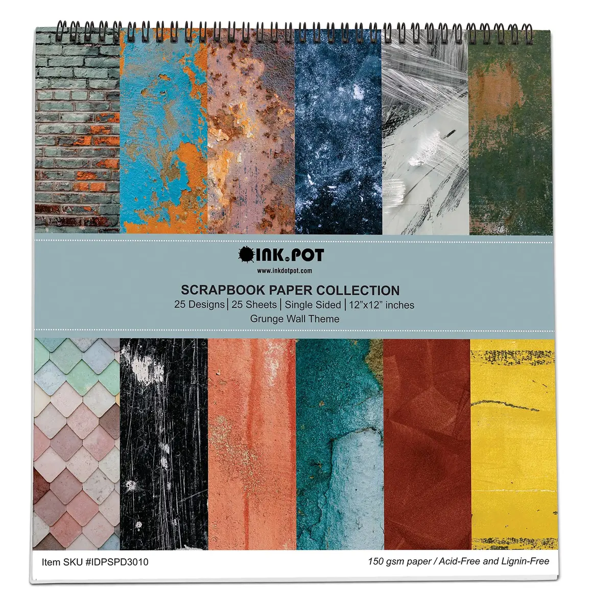Inkdotpot Grunge Wall Theme Scrapbook Paper Pad 12x12 Inch (30.48x30.48 cm) | 25 Sheets Single-Sided Acid-Free Cardstock - main product image