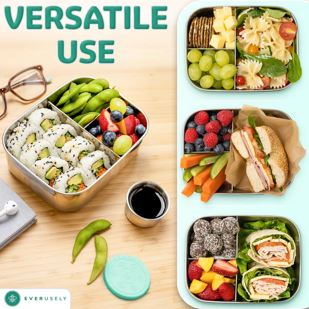 Everusely Stainless Steel Bento Box with Condiment Container - Green, 800ml (27oz) | Leakproof Food Storage for Adults - view 5