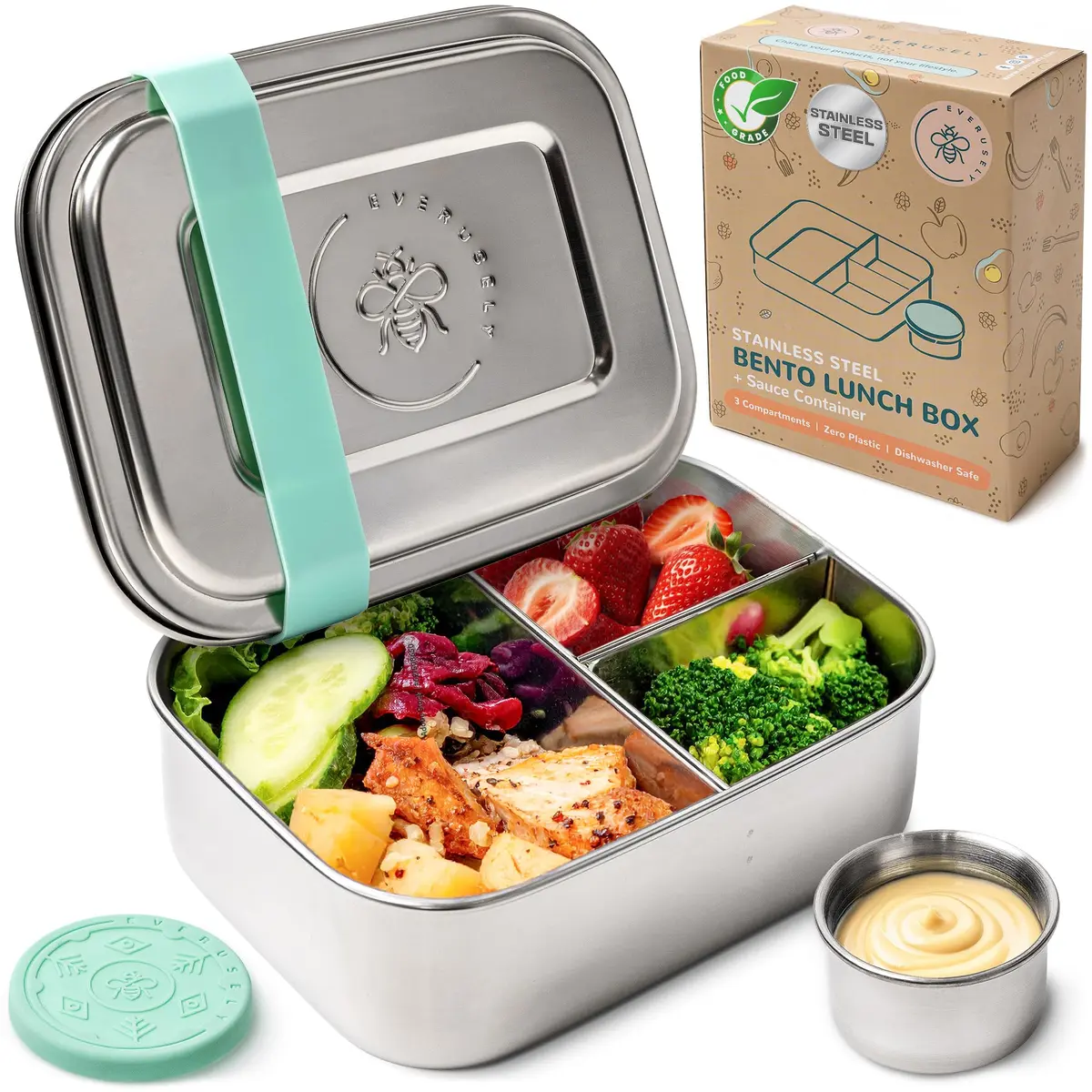 Everusely Stainless Steel Bento Box with Condiment Container - Green, 800ml (27oz) | Leakproof Food Storage for Adults - main product image