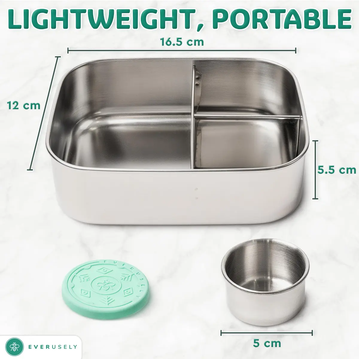 Everusely Stainless Steel Bento Box with Condiment Container - Green, 800ml (27oz) | Leakproof Food Storage for Adults - view 7