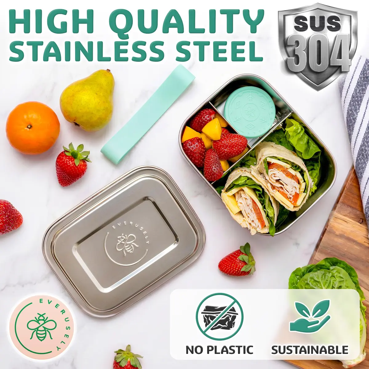 Everusely Stainless Steel Bento Box with Condiment Container - Green, 800ml (27oz) | Leakproof Food Storage for Adults - view 8