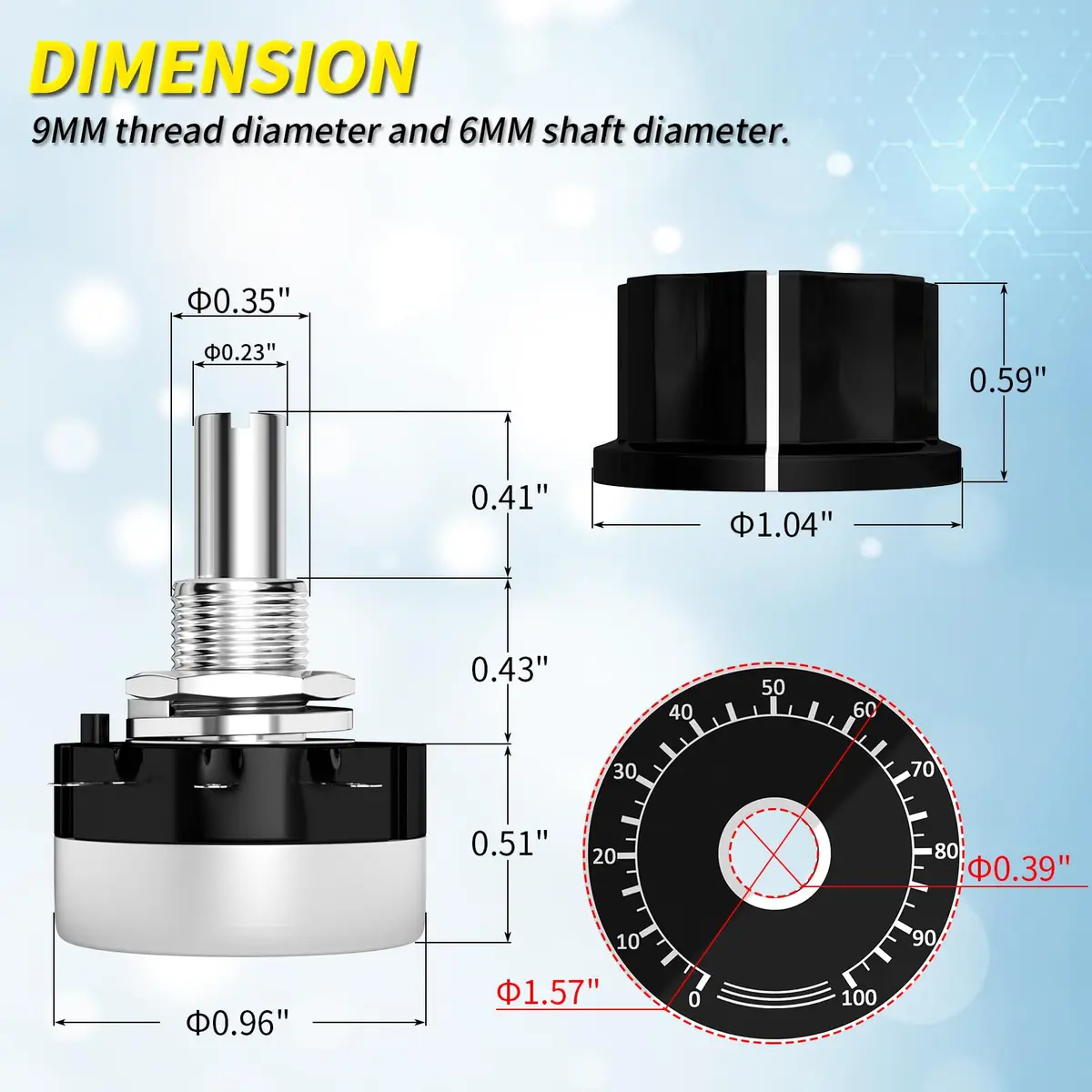 Joinfworld 10K Potentiometer Single Turn Carbon Film Rotary Potentiometer 10K Ohm with A03 Knob & Dial for Inverter Speed Regulation Motor Speed Control - view 2