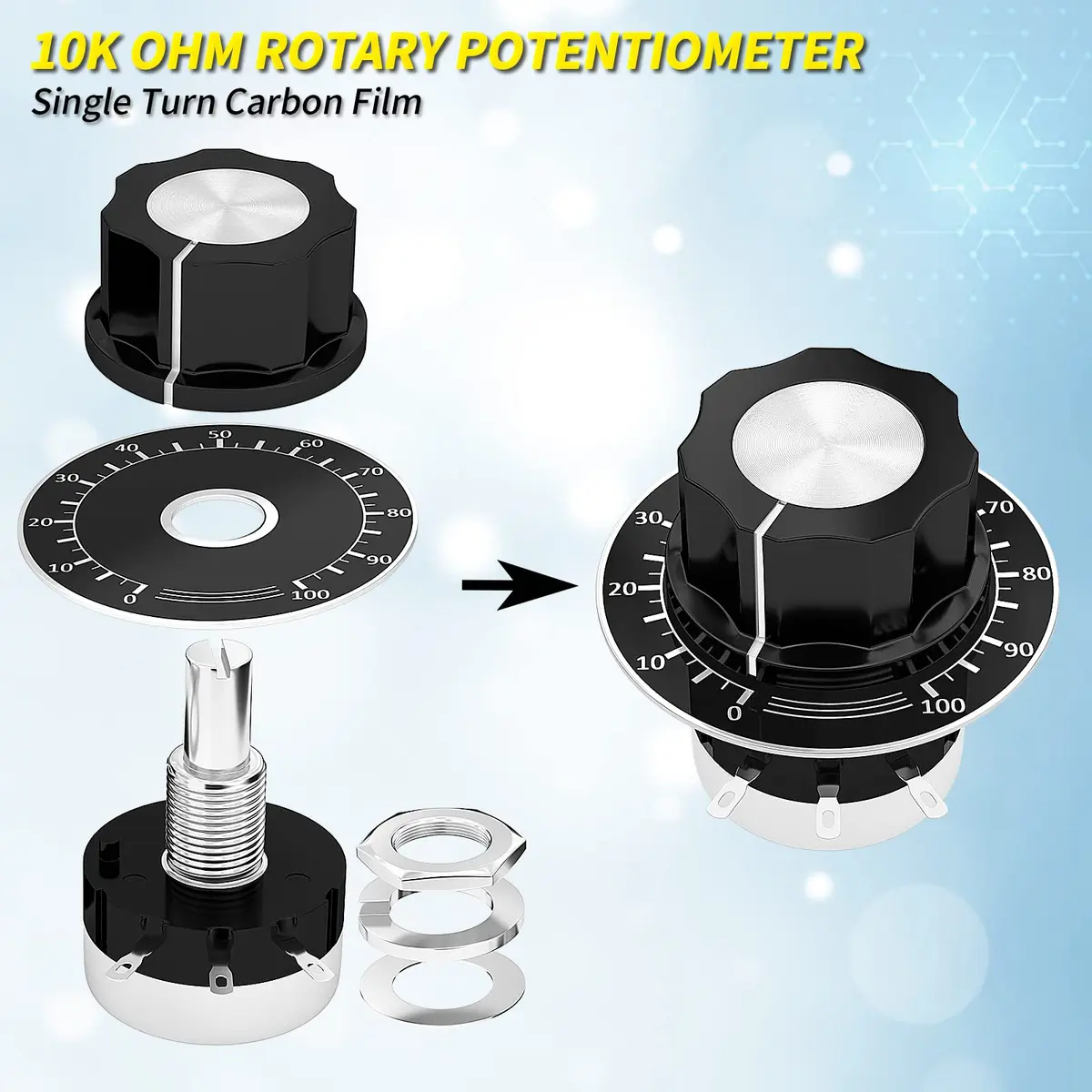 Joinfworld 10K Potentiometer Single Turn Carbon Film Rotary Potentiometer 10K Ohm with A03 Knob & Dial for Inverter Speed Regulation Motor Speed Control - view 3