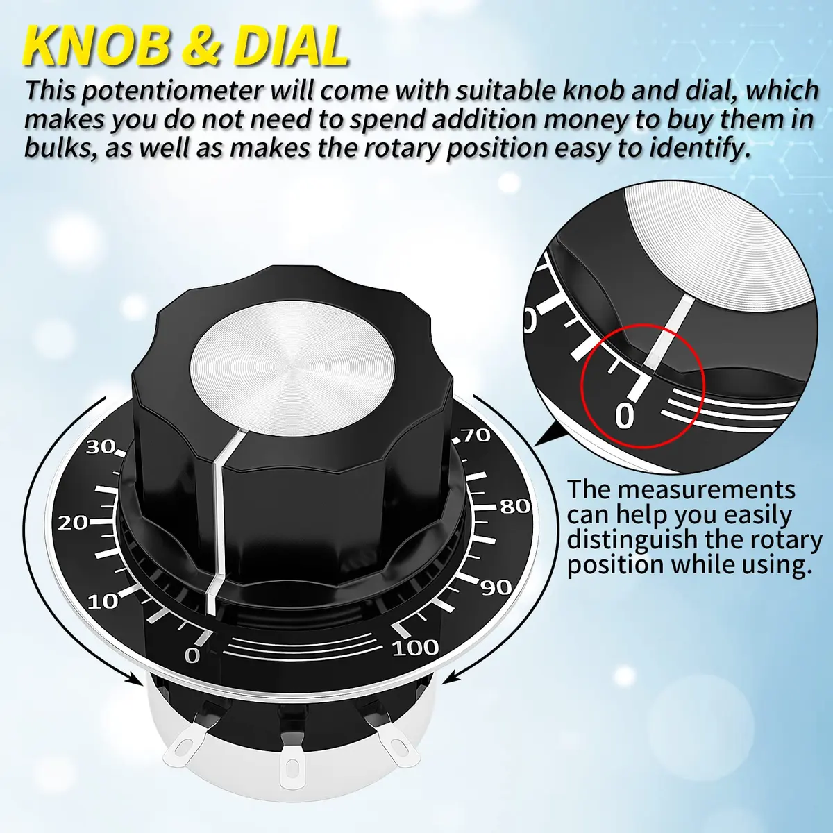Joinfworld 10K Potentiometer Single Turn Carbon Film Rotary Potentiometer 10K Ohm with A03 Knob & Dial for Inverter Speed Regulation Motor Speed Control - view 4
