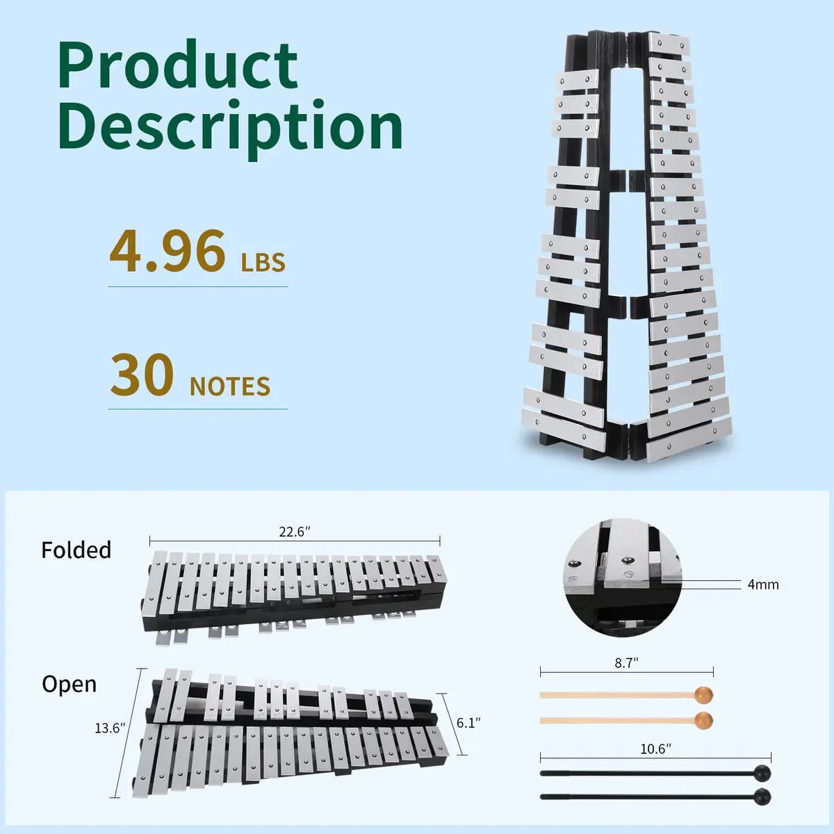 Heuyrao 30 Notes Foldable Glockenspiel Xylophone | Aluminum, Portable, Beginner-Friendly - view 2