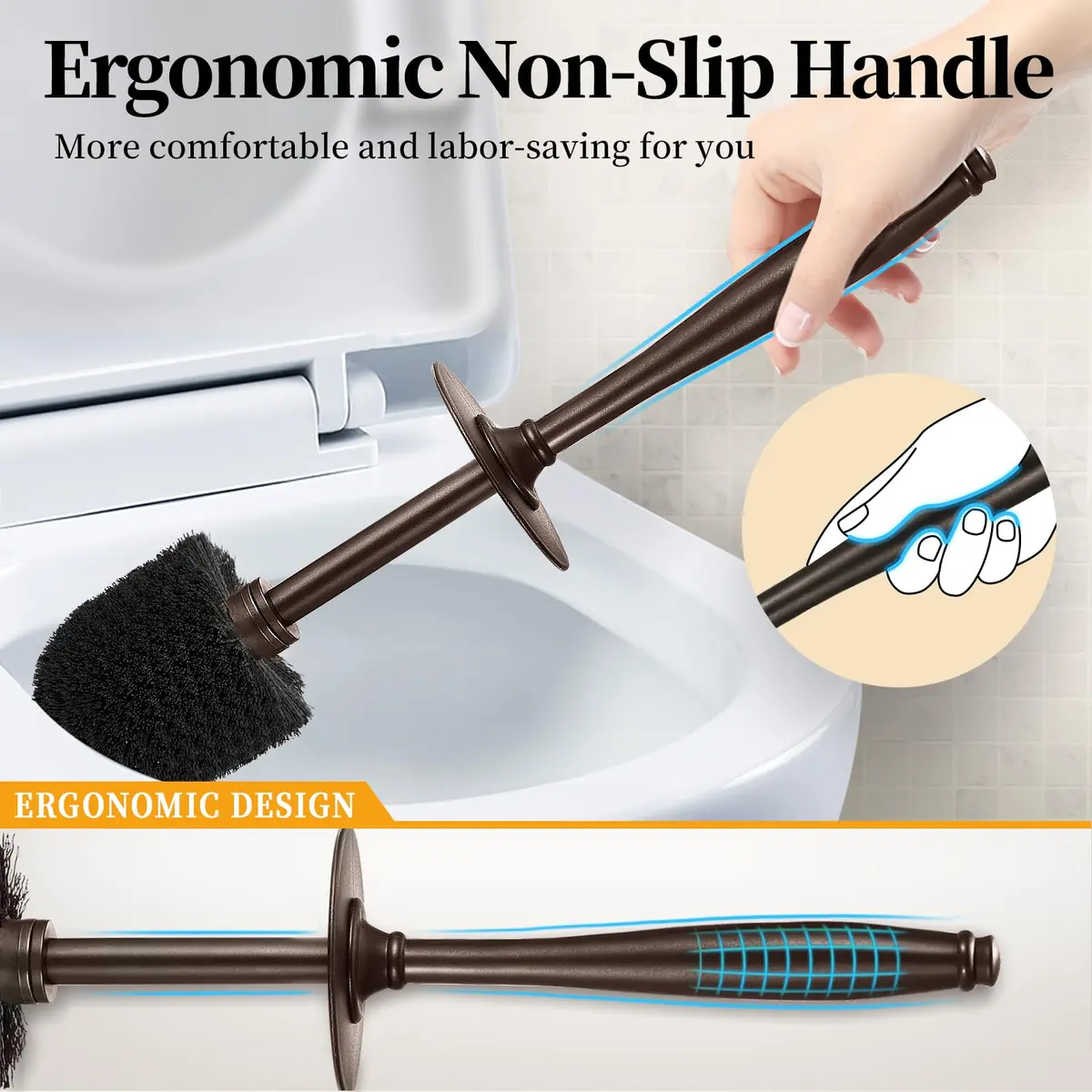 HAMITOR Toilet Bowl Brush Holder Set with Lid & Long Handle | Bronze Bathroom Deep Cleaning Scrubber - view 4