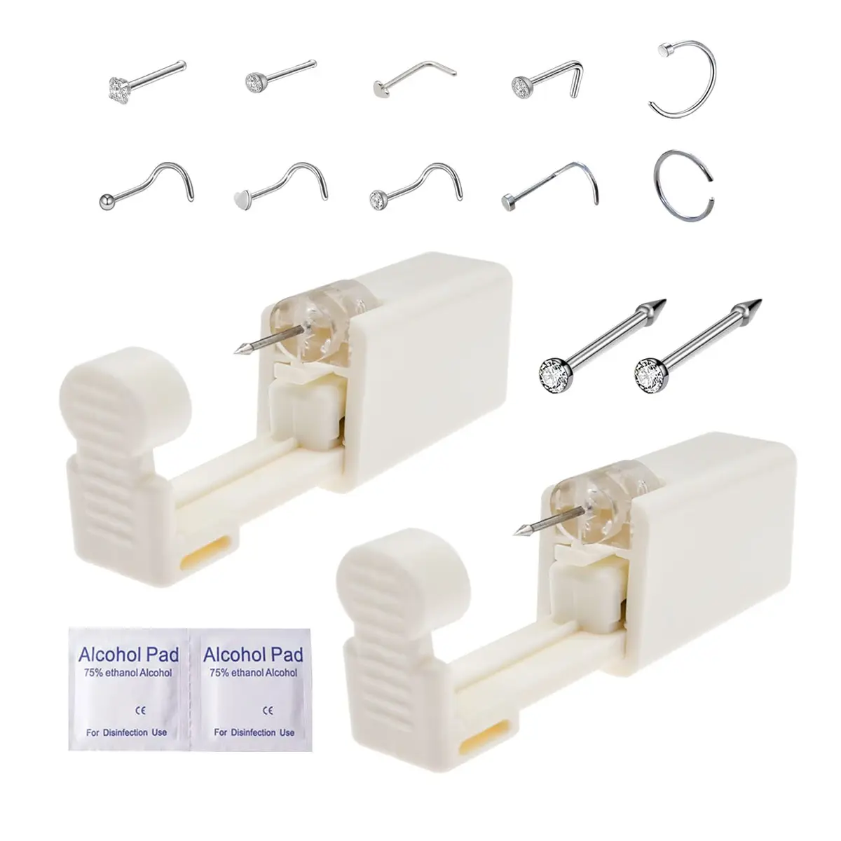 DIEWEISIMI Nose Piercing Kit 2 Pack | Disposable Self Nose Gun with 10 Nose Rings | 20g/0.8mm White Crystal - main product image