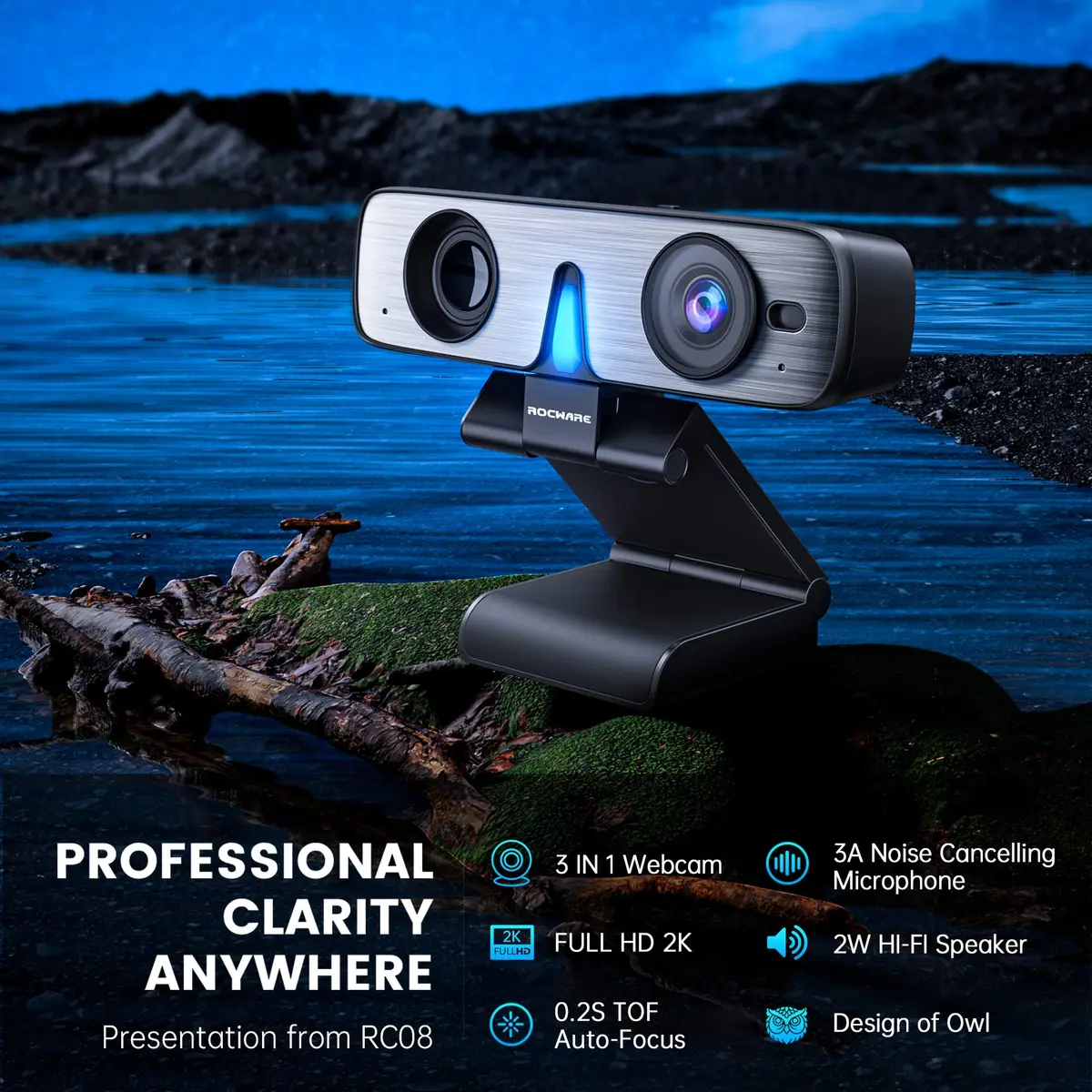 ROCWARE RC08 Webcam with Speaker | 1080p HD, Auto-Focus, Noise Reduction Mic, Low Light, 4X EPTZ, Privacy Cover - view 8