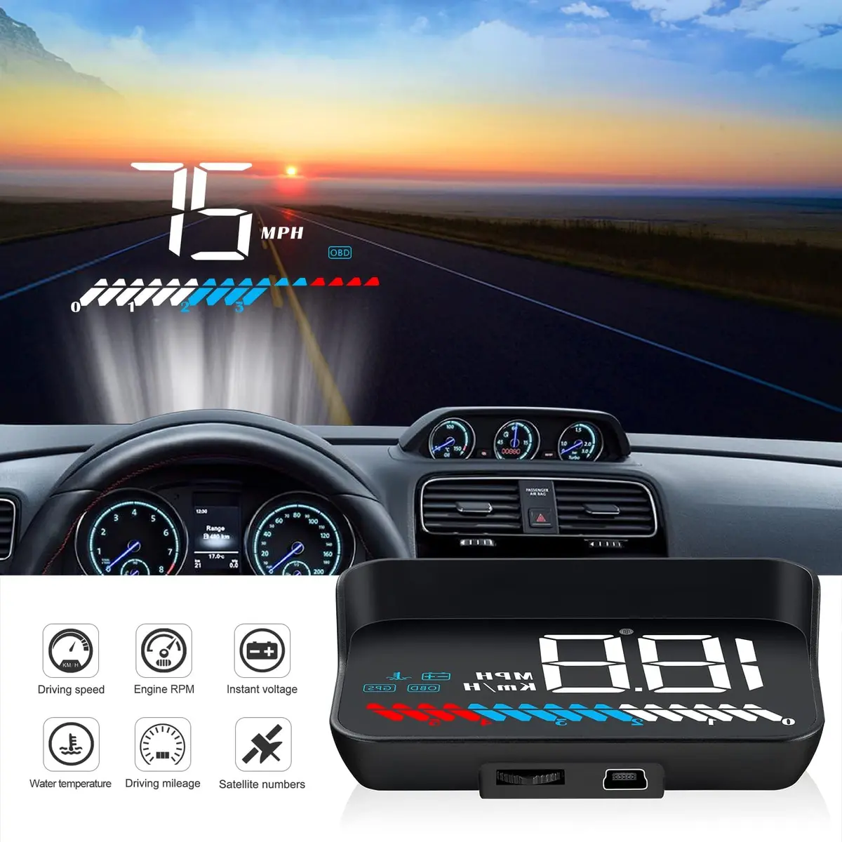 wiiyii Heads up Display for Cars Speedometer 3.5 Inches | Multi-Function GPS & OBD2 Interface - view 2
