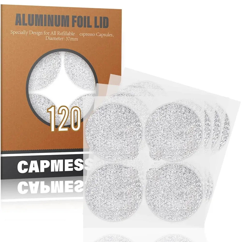 CAPMESSO Aluminum Foil Seals for Nespresso Original Capsules - 120 Count (37mm) | Reusable Pod Lids for Better Brews - main product image