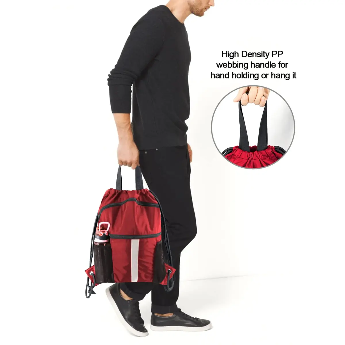 BeeGreen Red Drawstring Backpack Bag with Shoe Compartment & Water Bottle Pockets 3800 cu in (108 L) | Large Gym Sackpack for Travel - view 5