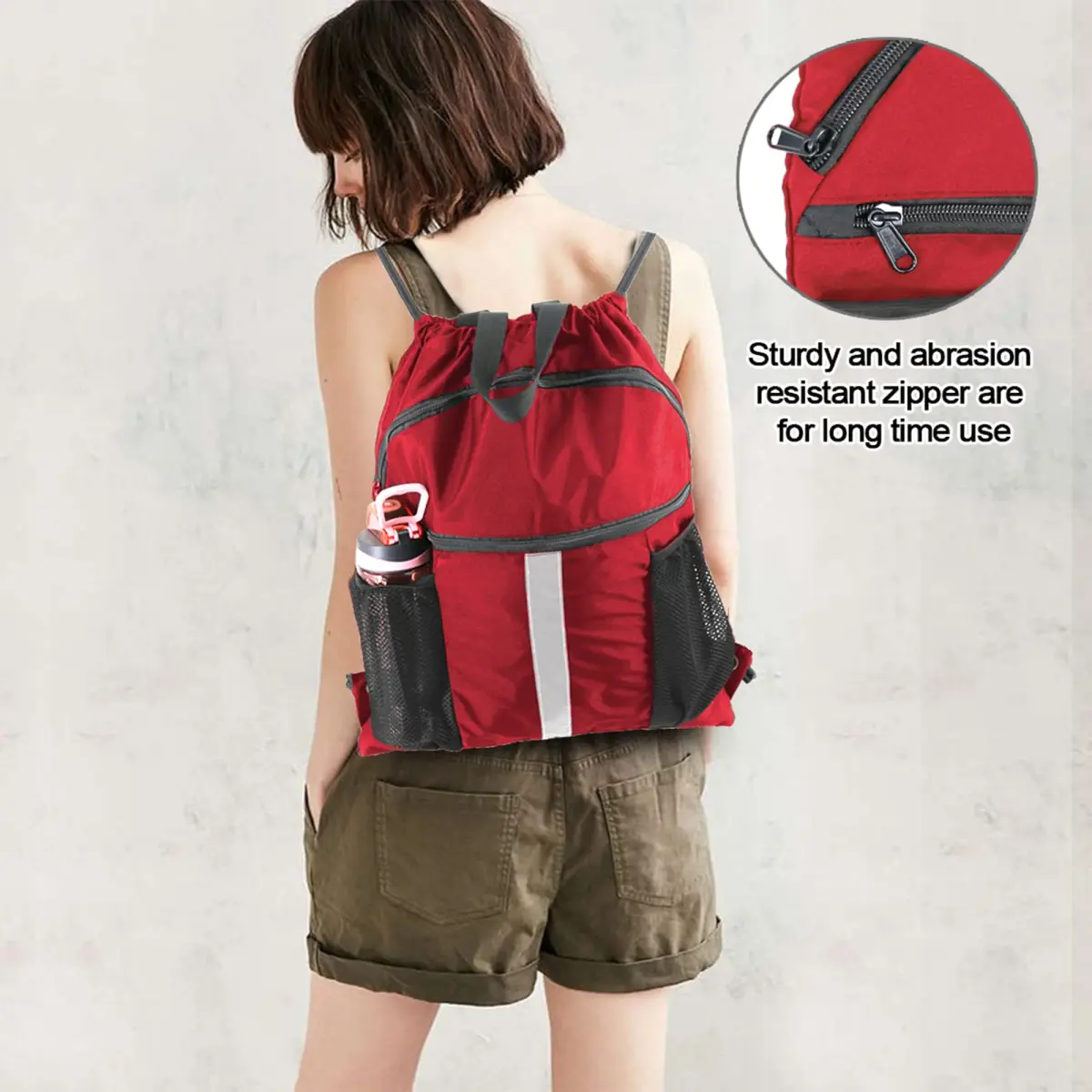 BeeGreen Red Drawstring Backpack Bag with Shoe Compartment & Water Bottle Pockets 3800 cu in (108 L) | Large Gym Sackpack for Travel - view 6
