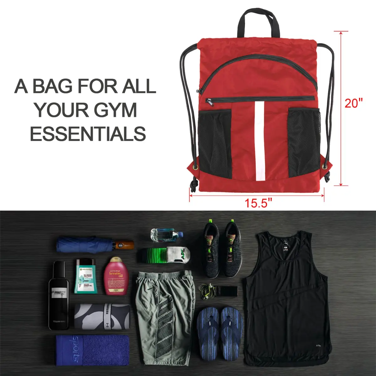 BeeGreen Red Drawstring Backpack Bag with Shoe Compartment & Water Bottle Pockets 3800 cu in (108 L) | Large Gym Sackpack for Travel - view 2