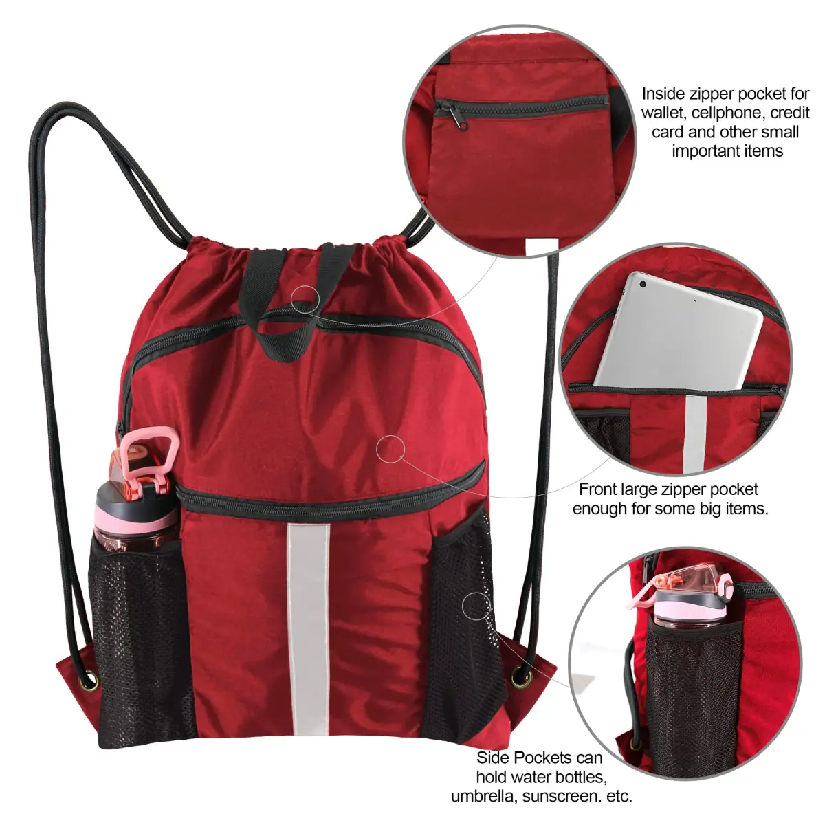 BeeGreen Red Drawstring Backpack Bag with Shoe Compartment & Water Bottle Pockets 3800 cu in (108 L) | Large Gym Sackpack for Travel - view 4