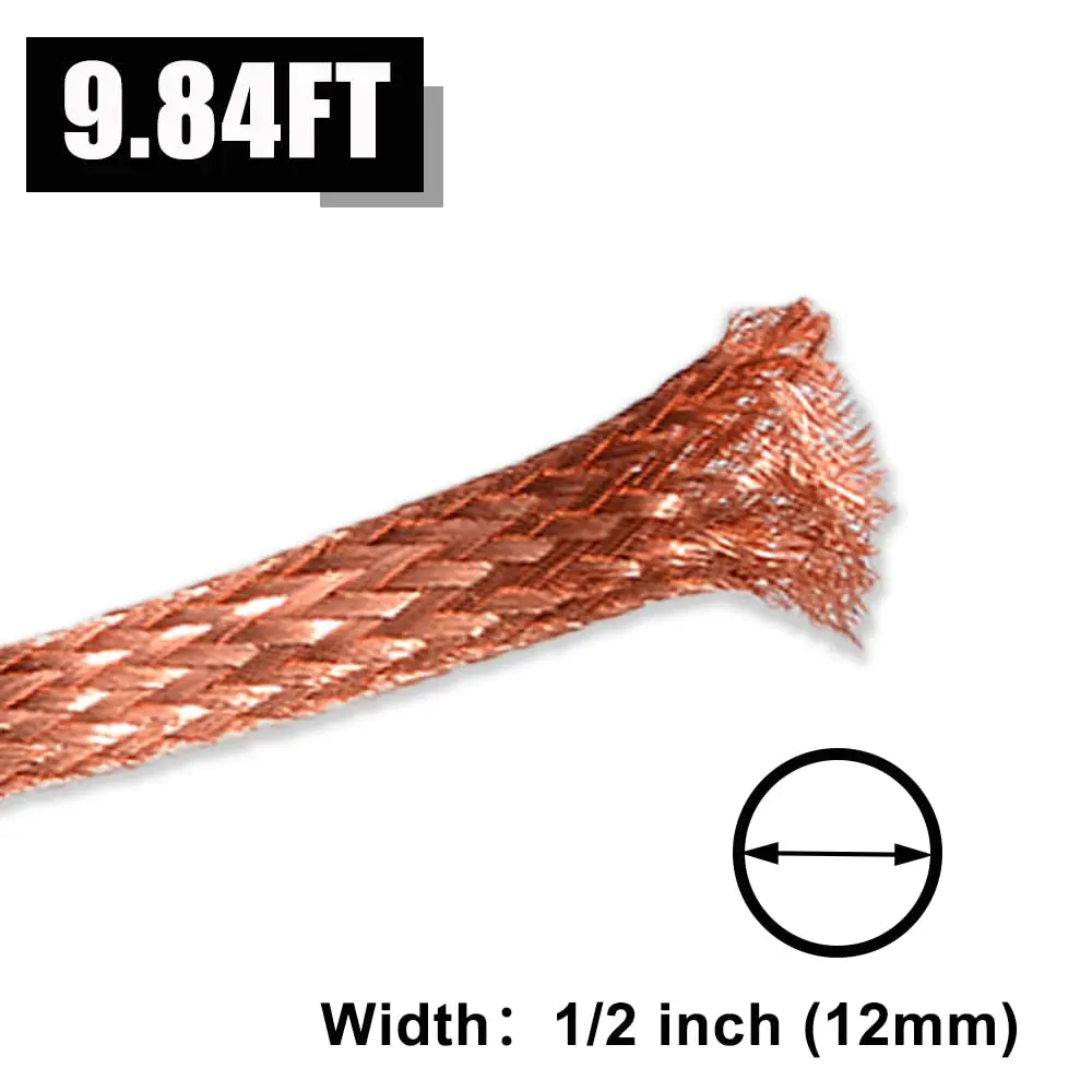 QuQuyi Copper Braided Ground Strap 3m (9.84ft) x 12mm (1/2") Flat Tinned Copper Wire | Flexible Bonding Connector for Grounding & Shielding - view 3