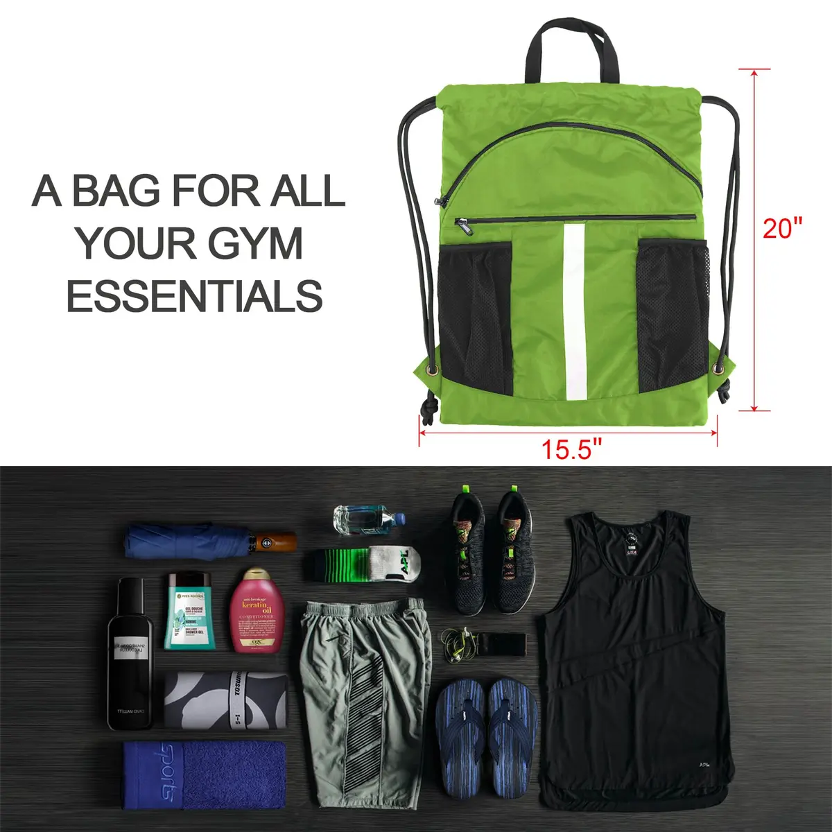 BeeGreen Fruit Green Drawstring Backpack with Shoe Compartment & Pockets 3800 cu in (50.8 L) | Water-Resistant Oxford Fabric - view 2