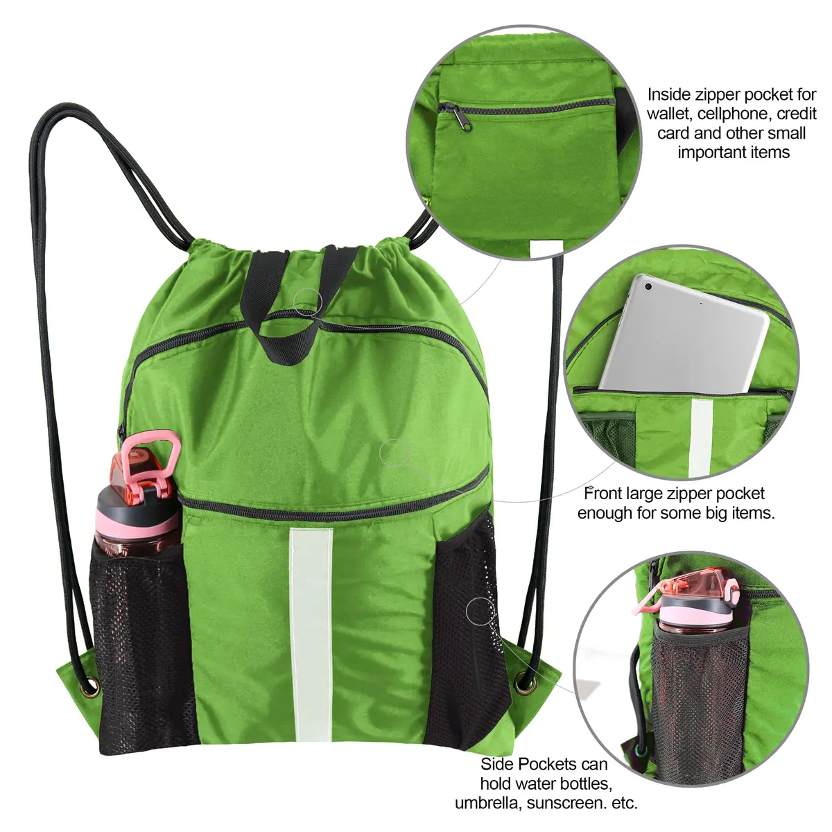 BeeGreen Fruit Green Drawstring Backpack with Shoe Compartment & Pockets 3800 cu in (50.8 L) | Water-Resistant Oxford Fabric - view 4