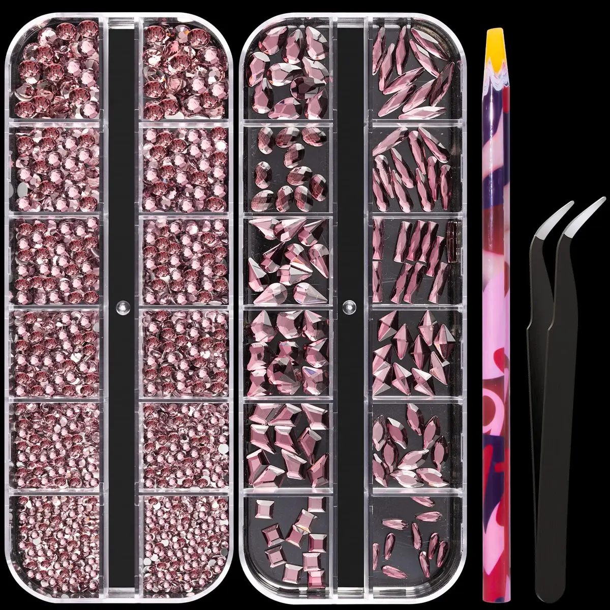 BELLEBOOST Multi Shapes Light Purple 3D Glass Crystal Nail Art Rhinestones Kit with Pickup Pen & Tweezer | Vibrant Glitter for Nail & Craft Decor - main product image