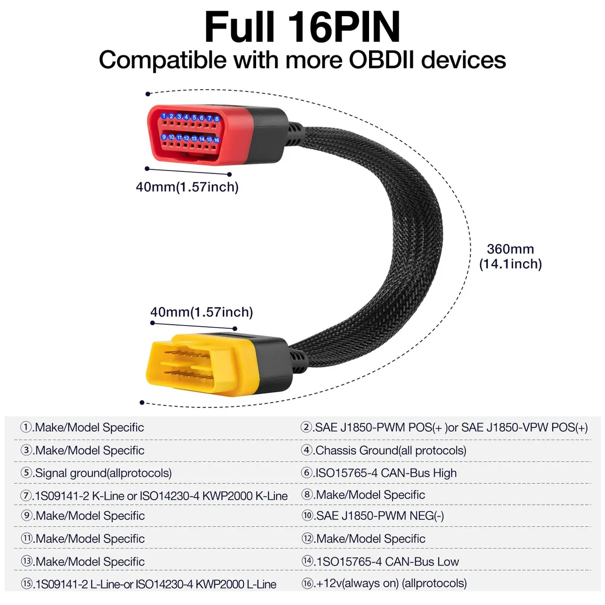 LAUNCH OBD2 Extension Cable 36cm (1.2FT) | Bendable 16-Pin Male to Female Cord - view 2