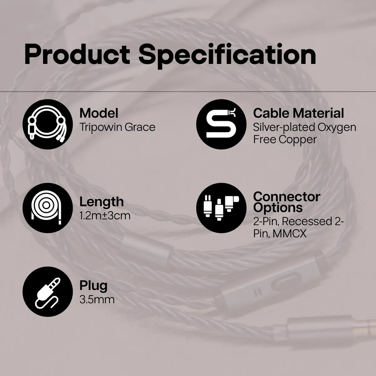 Linsoul Tripowin Grace Silver-Plated OFC Earphone Cable w/Mic | 1.25M, 3.5mm Plug, 2Pin, Microphone - view 6