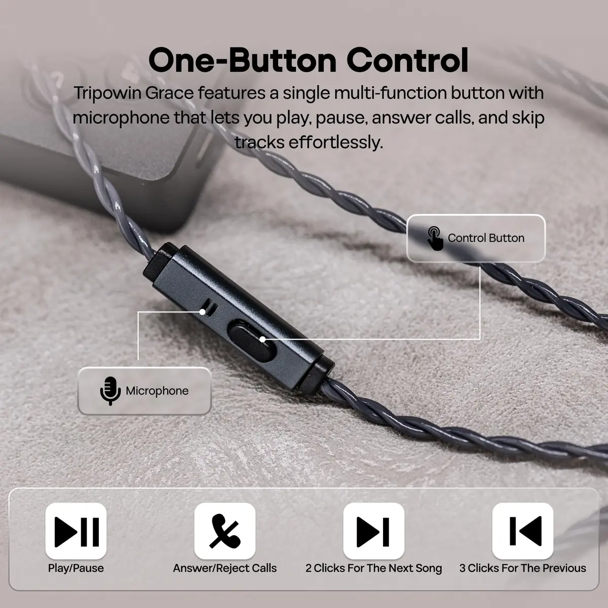 Linsoul Tripowin Grace Silver-Plated OFC Earphone Cable w/Mic | 1.25M, 3.5mm Plug, 2Pin, Microphone - view 4