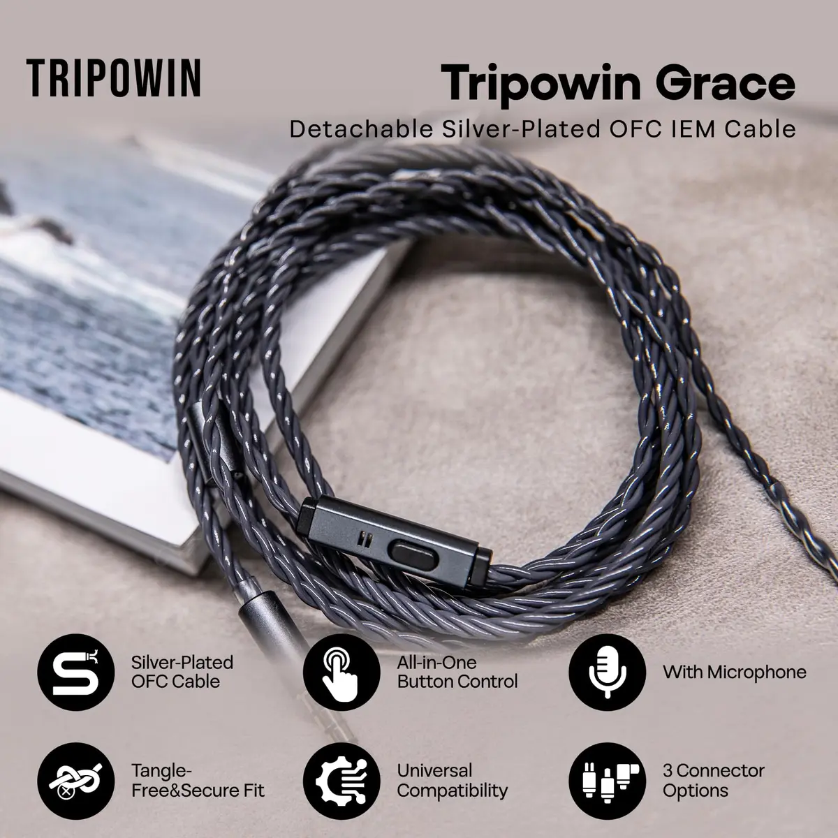 Linsoul Tripowin Grace Silver-Plated OFC Earphone Cable w/Mic | 1.25M, 3.5mm Plug, 0.78mm 2Pin, Microphone, Silver-Plated OFC, Soft Braided - view 2