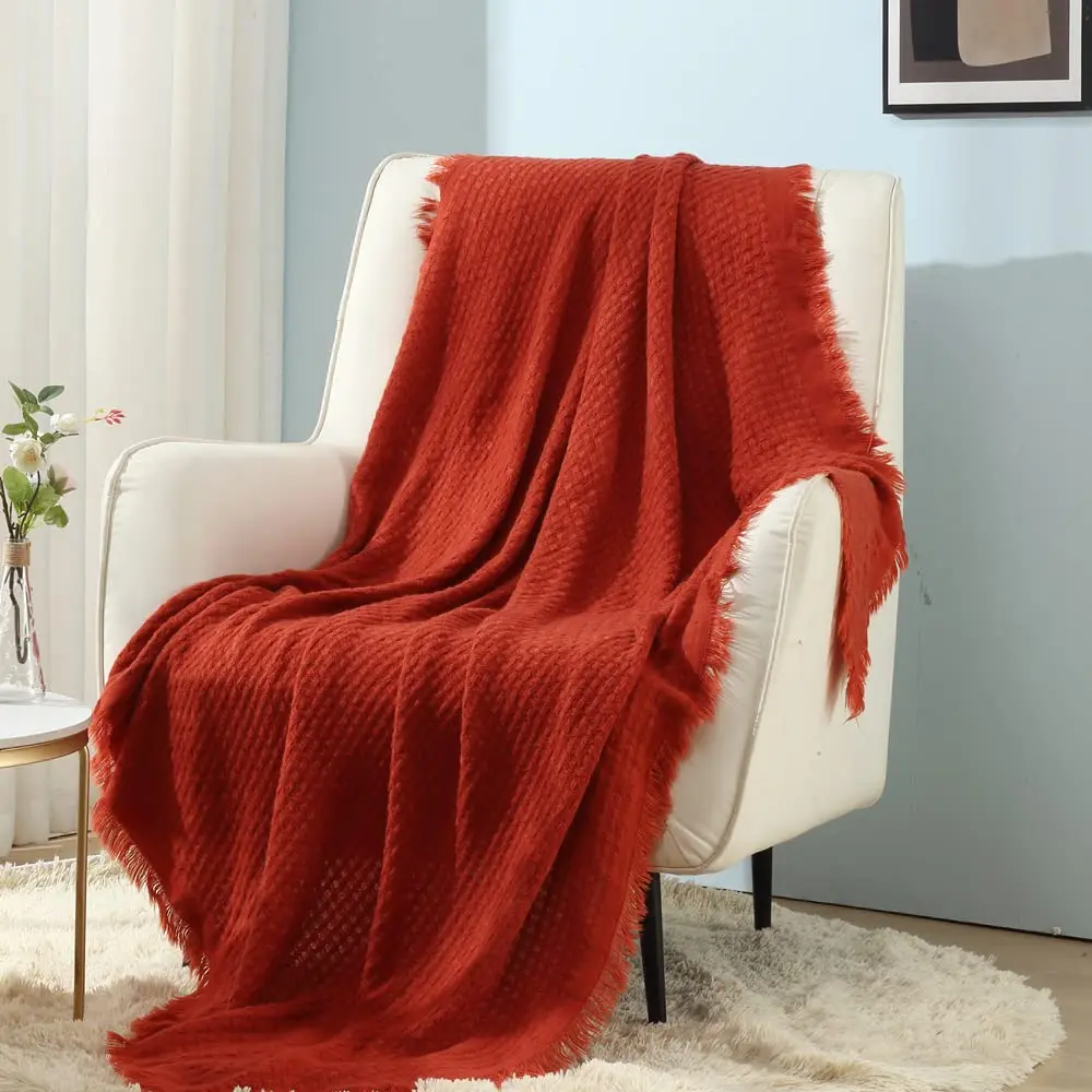 CREVENT 50"X60" Farmhouse Breathable Lightweight Spring Summer Fall Knit Throw Blanket for Couch Chair (Burnt Orange/Rust Brick Red - Waffle Christmas Red) - main product image