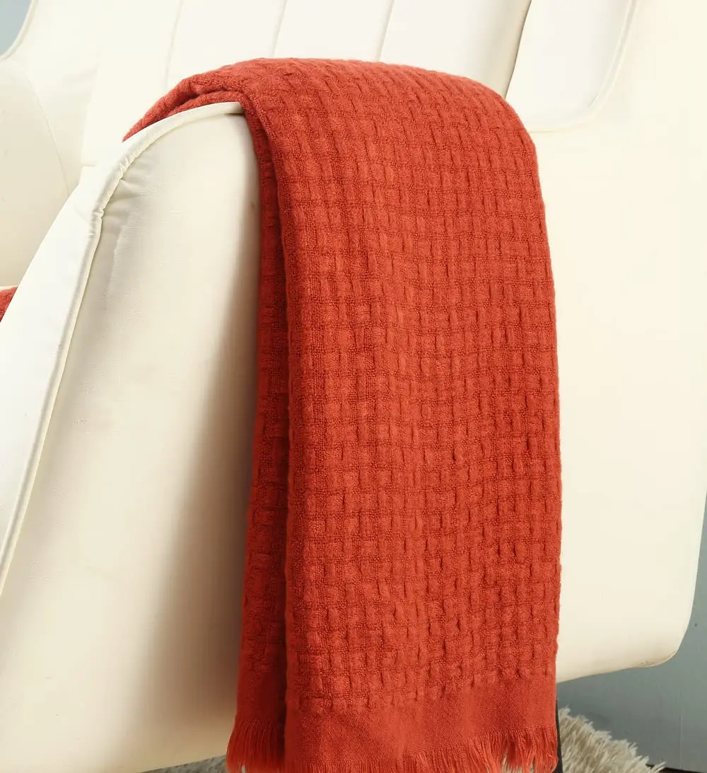 CREVENT 50"X60" Farmhouse Breathable Lightweight Spring Summer Fall Knit Throw Blanket for Couch Chair (Burnt Orange/Rust Brick Red - Waffle Christmas Red) - view 3